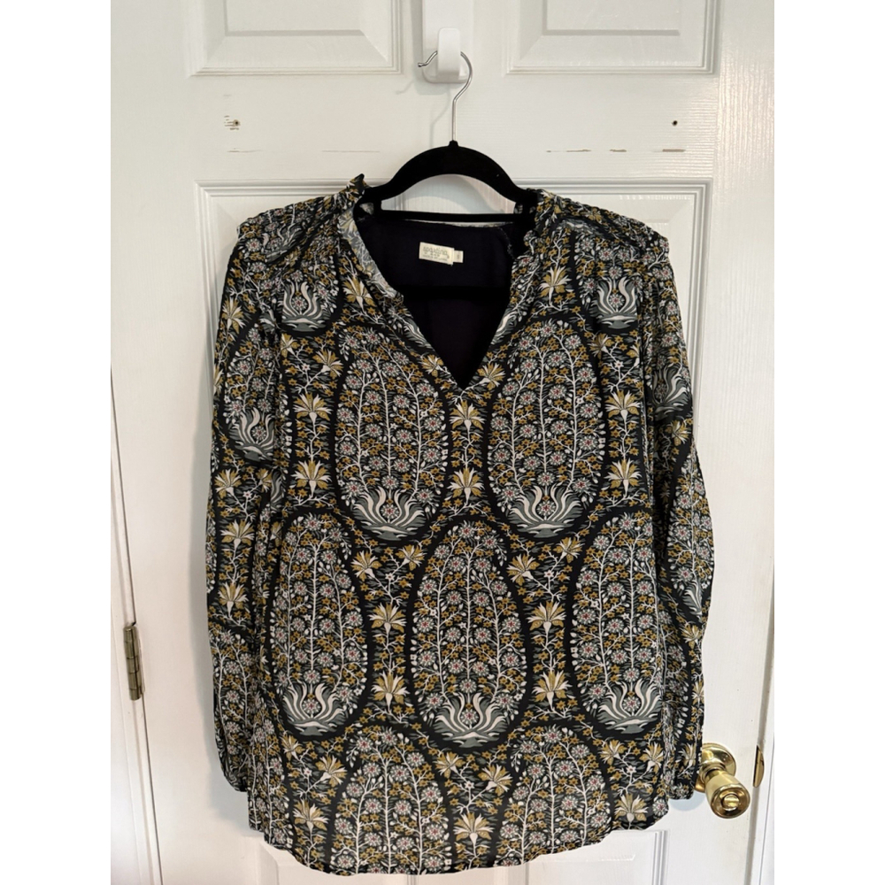 Spartina 449 Floral Tunic Blouse Size Small Black Gold Long Sleeve Boho